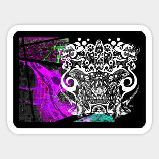 dark city in ecopop sutra mandala art with mexican patterns and dogs Sticker